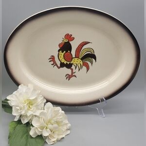 Vintage Metlox Poppytrail Red Rooster 13" Serving Platter - Farmhouse kitchen